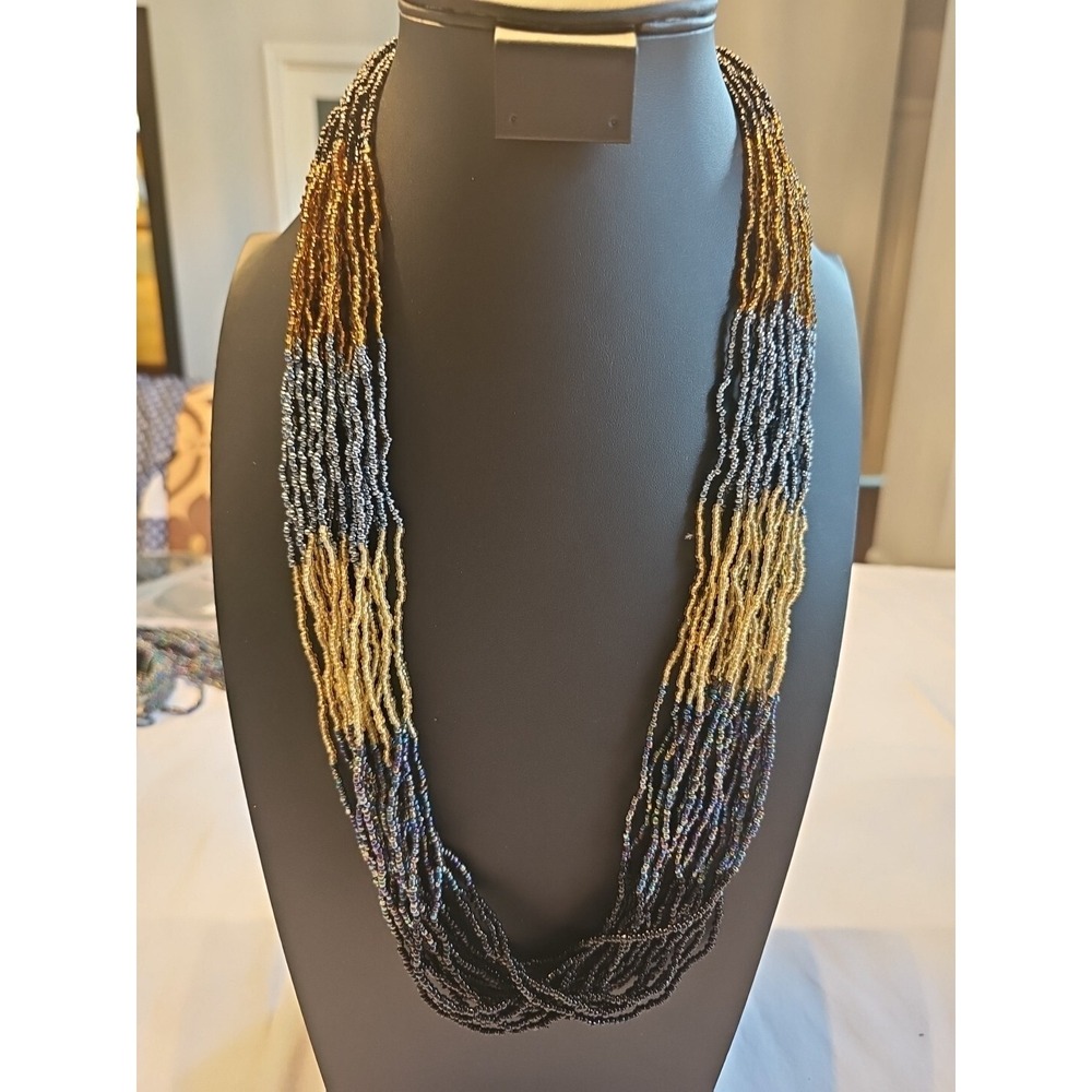 Multi-Layer‎ Handmade Necklace Black Gold Brown Beaded 15in Long Made In Bali